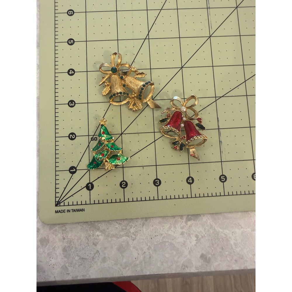 Vintage Christmas Brooch Lot 3pc Enamel Rhinestone Tree Gold Red Bells Pins
